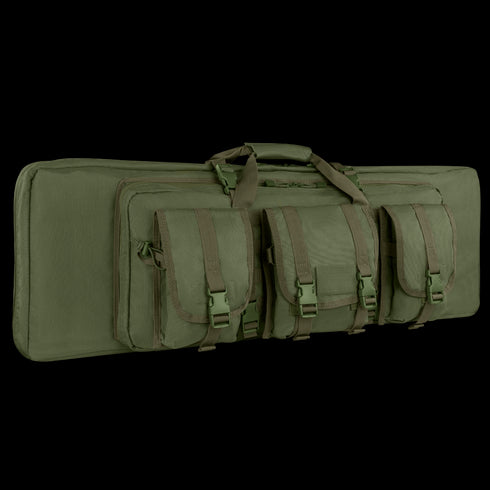 The Condor 42 Double Rifle Case in olive green features three front pouches, zipper closures, and carrying handles—perfect for bushcraft adventures or trips to the shooting range.